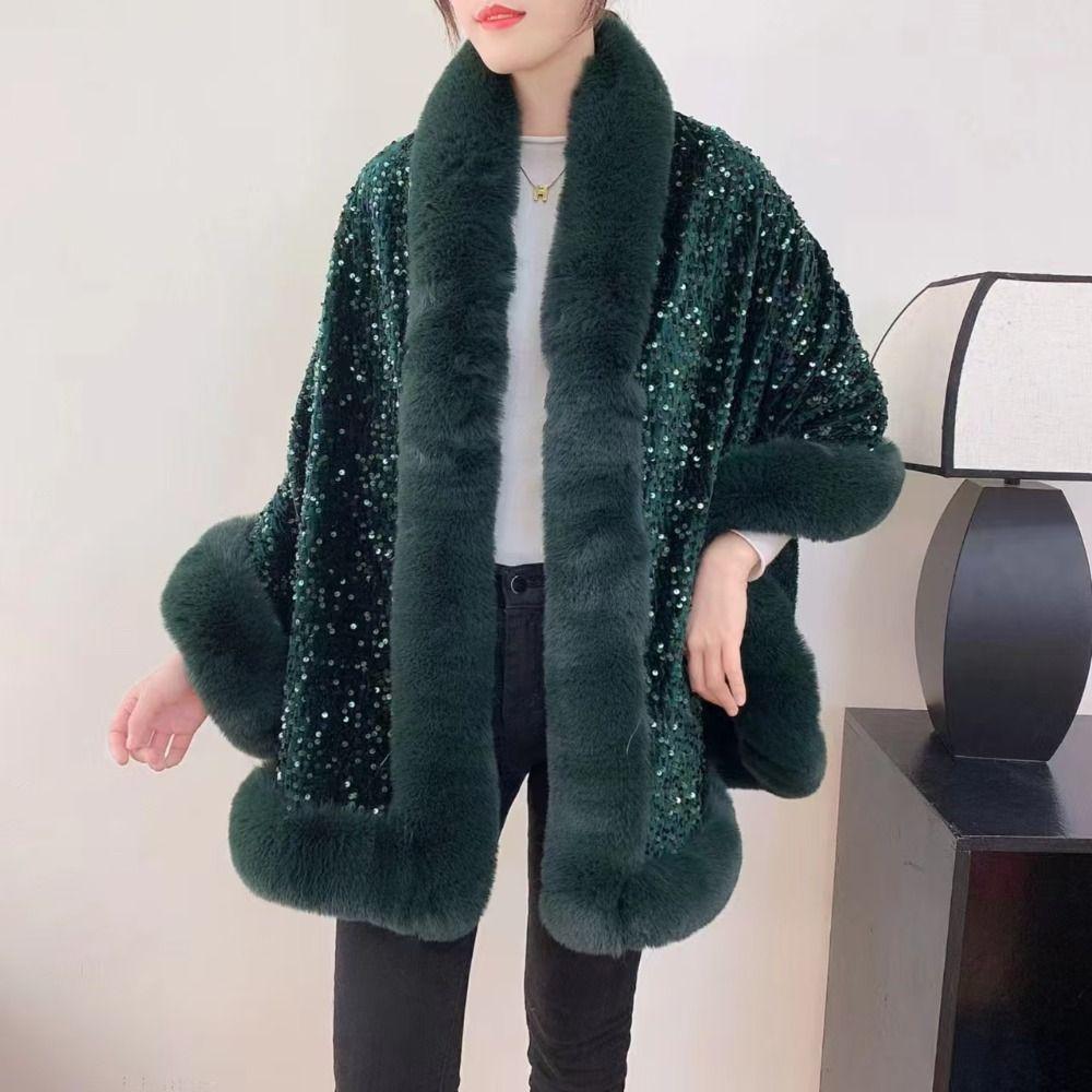 Warm Plush Shawl Autumn Winter Thicken Cardigan Soft Fur Collar Sequined Shawl