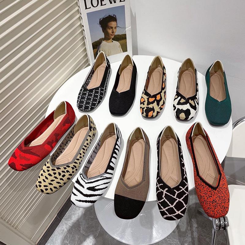 Square Head Single Shoes Women'S Shallow Mouth Flat Bottom European And American Style Shoes Knitted Shoes Soft Sole Knitted Shoes Women