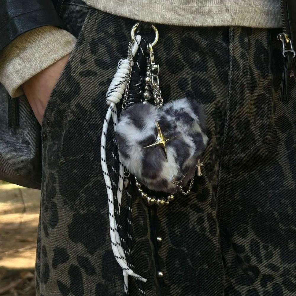 Gothic Spicy Girl Love Cross Rivet Plush Personalized Leopard Print Bag Pendant Valentine's Day Gift Decoration Bag Charm
