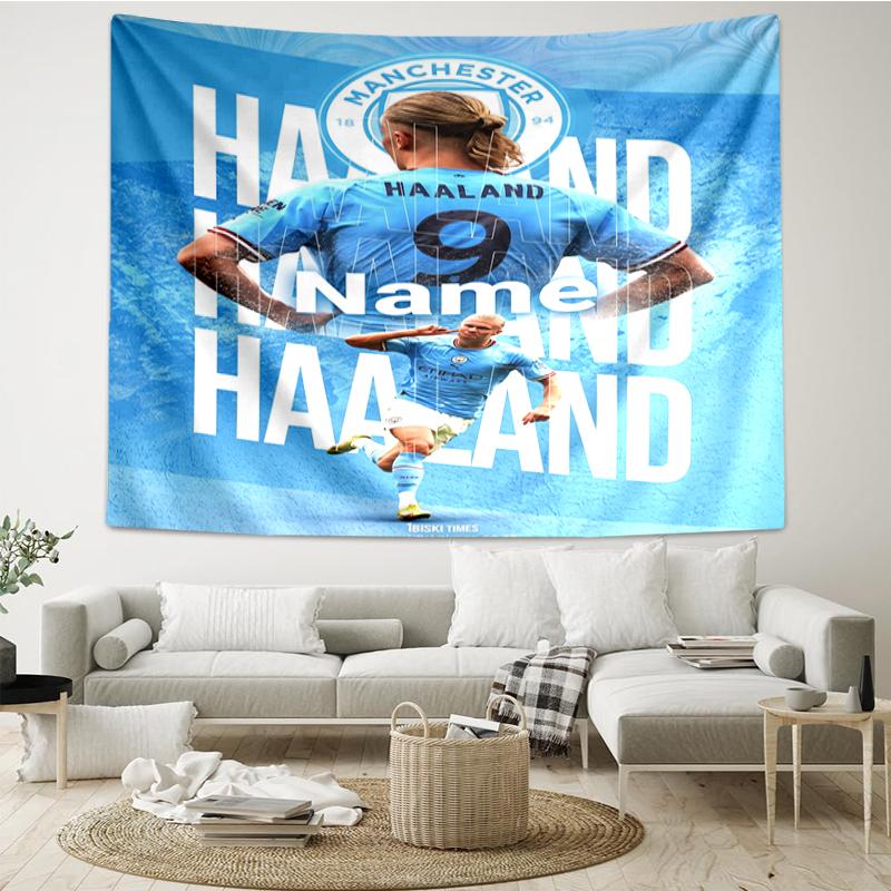 Custom Name Manchester City Print Tapestry, Backdrop, Easy Setup, Ideal for Bedroom, Office & Living Room, with Aesthetic Wall Hanging Decor.