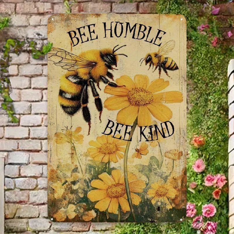 Vintage Bee Humble Bee Kind Metal Tin Sign Bee Flower Wall Art Rustic Decor for Garage Kitchen Cafe Bar Living Room