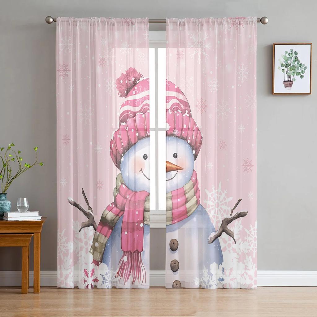 Christmas Winter Snowflake Snowman Pink Sheer Curtains for Living Room Decoration Window Curtains Kitchen Tulle Voile Curtains