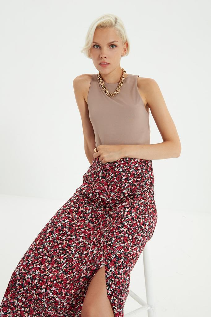 Women's Fashion Purple Printed High Waist Midi Stretchy Knitted Skirt with Gather Detail and Flounce