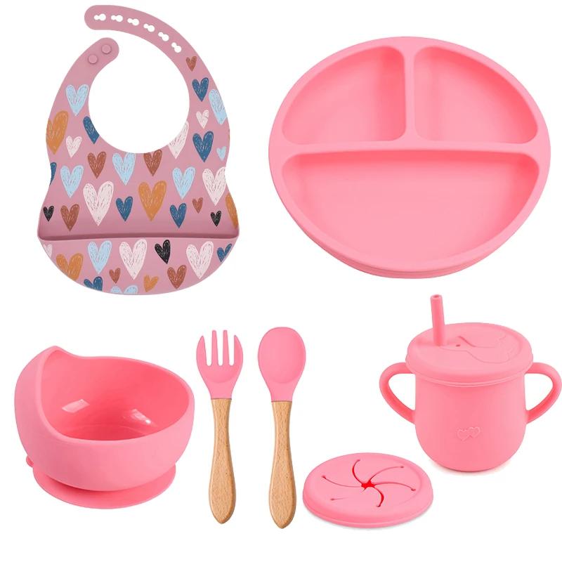 7PCS Baby Solid Silicone Tableware Set with Divided Baby Plates Feeding Bowls Straw Cup and Spoon for Toddler Training BPA Free