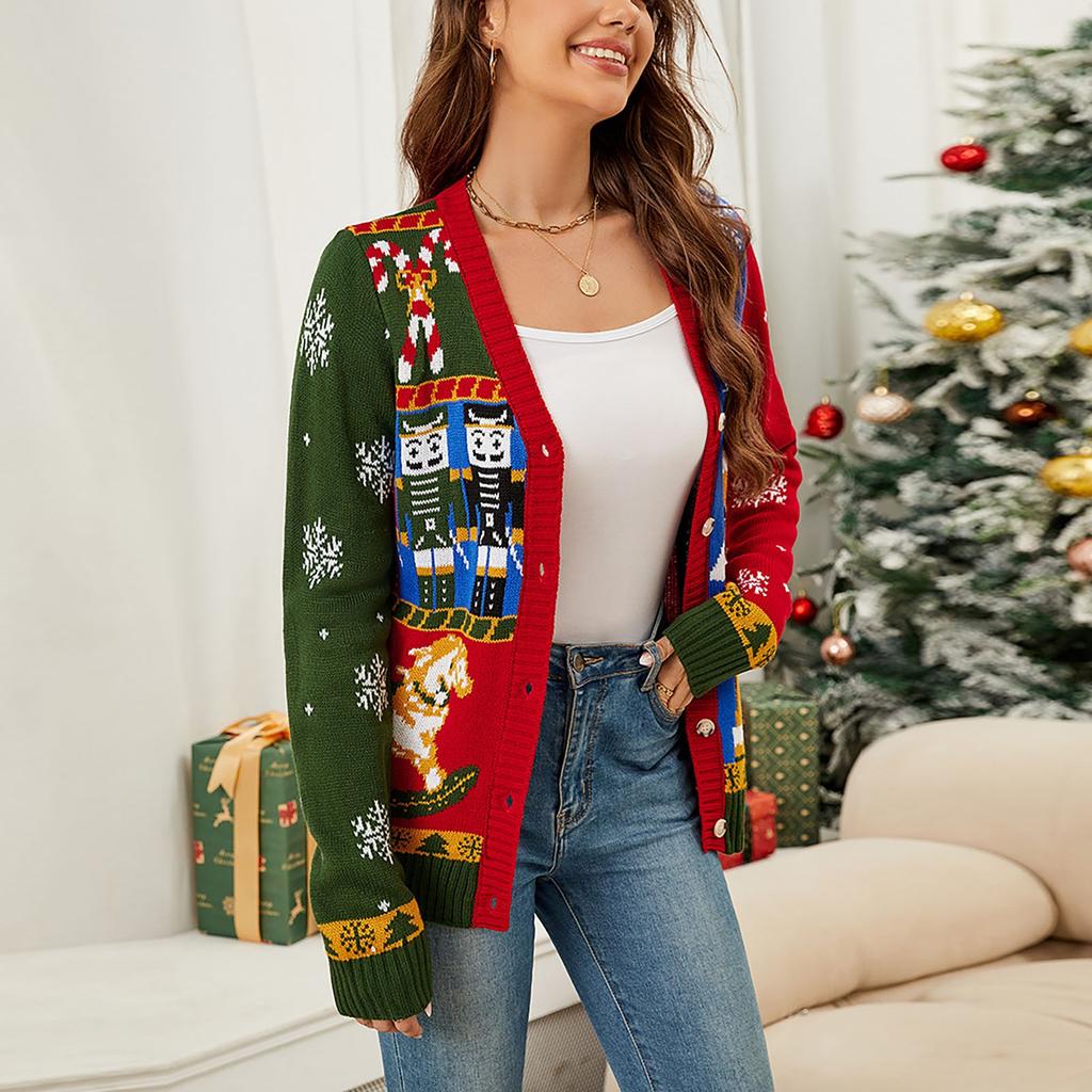 Женская мода осень и зима длинный рукав вязаный жакет рождественский кардиган свитер контрастный рождественский свитер
