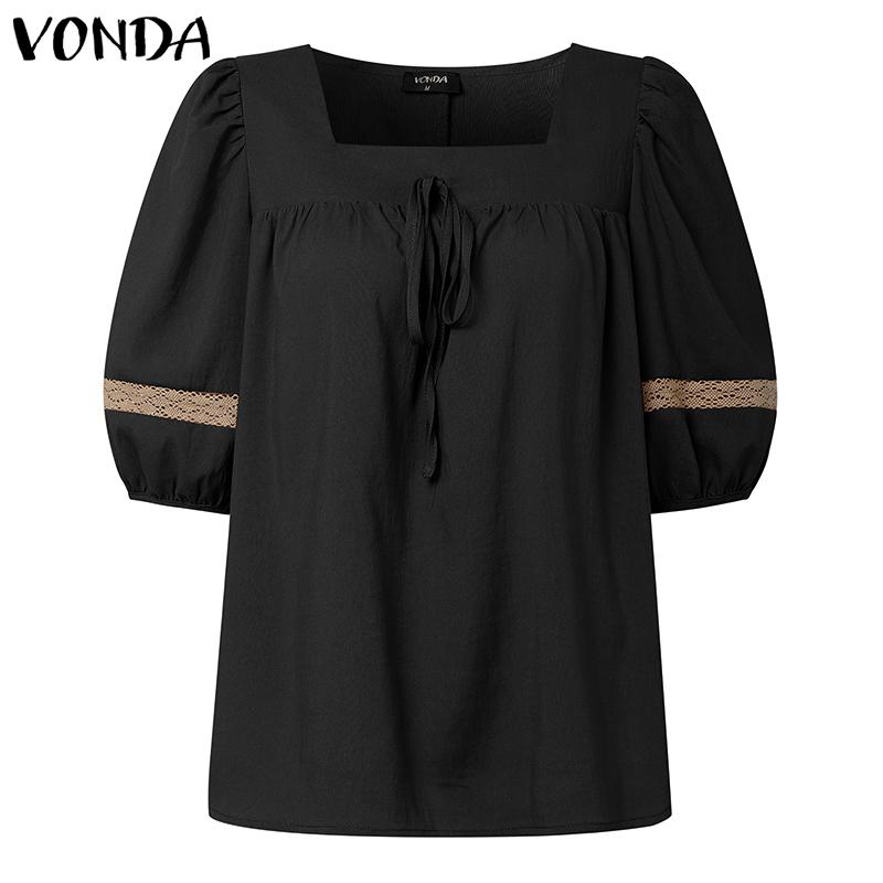VONDA Elegant Women Square Collar Puff Sleeve Crochet Patchwork Casual Blouse