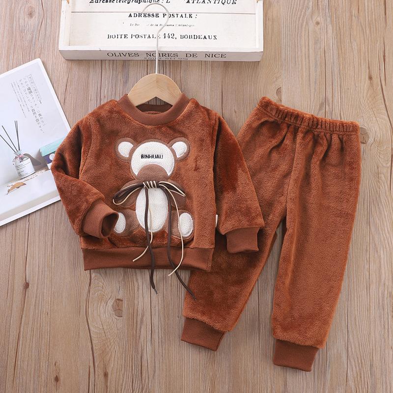 Children's Autumn and Winter Pajamas with Cartoon Bear Flannel Set of Home Clothes