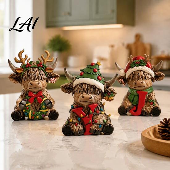 Decorative Pieces for Interior 3Pcs Christmas Highland Cow Figurine Resin Yak Statues with JOY Letter Sign Detailed Figurines Porch Farmhouse