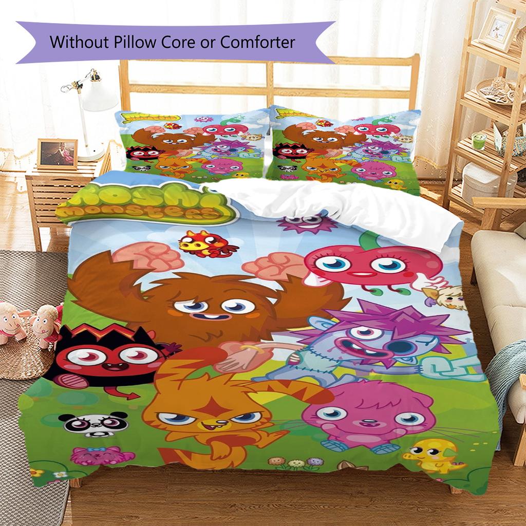 Moshi Monsters Pattern Bedding Set Quilt Cover Pillowcase Home Decor Gift (1 * duvet cover + 2 * pillowcase, without core)