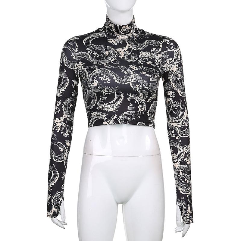 Модные трендовые женские стильные укороченные топы с принтом дракона, тонкая футболка с длинным рукавом и высоким воротником, узкие футболки на весну и осень