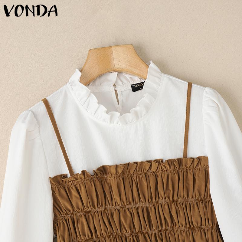 VONDA Women Stand Ruffled Neck Long Sleeve Patchwork Smocking Fake Two Pieces Blouse