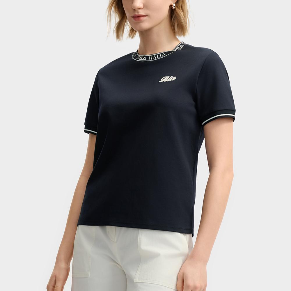 Fila Мода Белая Серия Простой Универсальный Удобный Вязаный Футболка с Коротким Рукавом Обычная Женские Топы Легендарный-Синий F11W523108F-NV