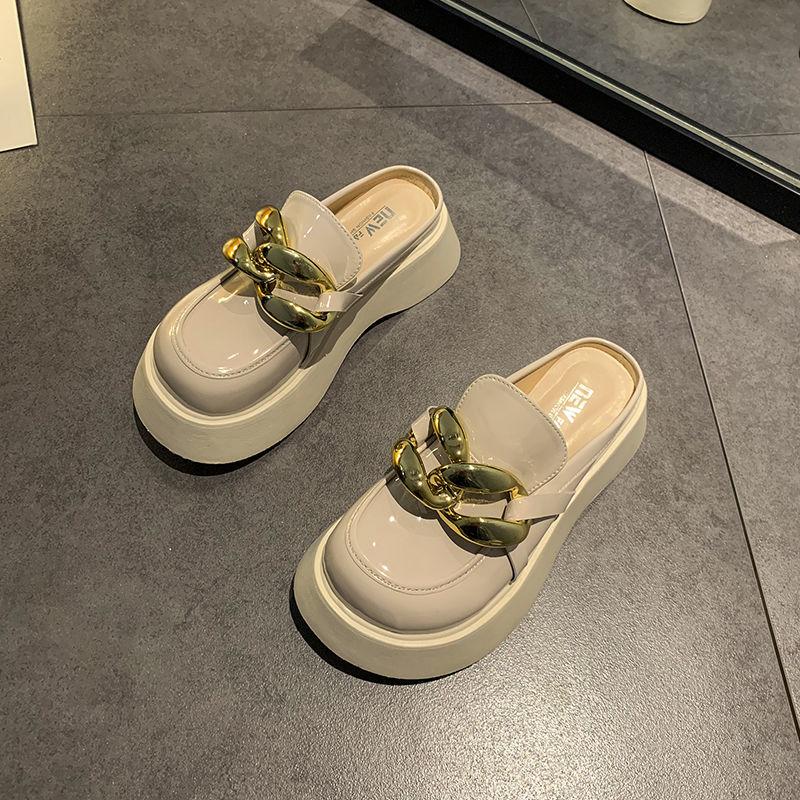 Мюли на платформе для женщин, новые тапочки, мокасины, толстые, золотистые, с цепочками, кожаные, с жемчугом, мокасины, толстая подошва, женские роскошные сандалии