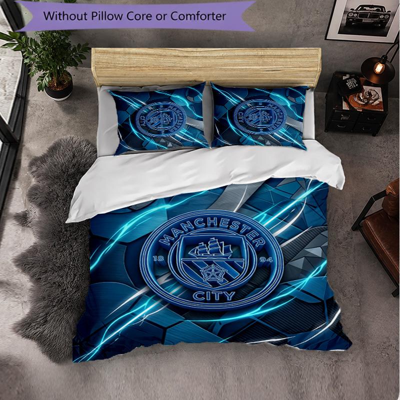 Manchester City Pattern 3 Pieces Bedding Set Soft Microfiber Duvet Cover with Pillow Cases for Bedroom