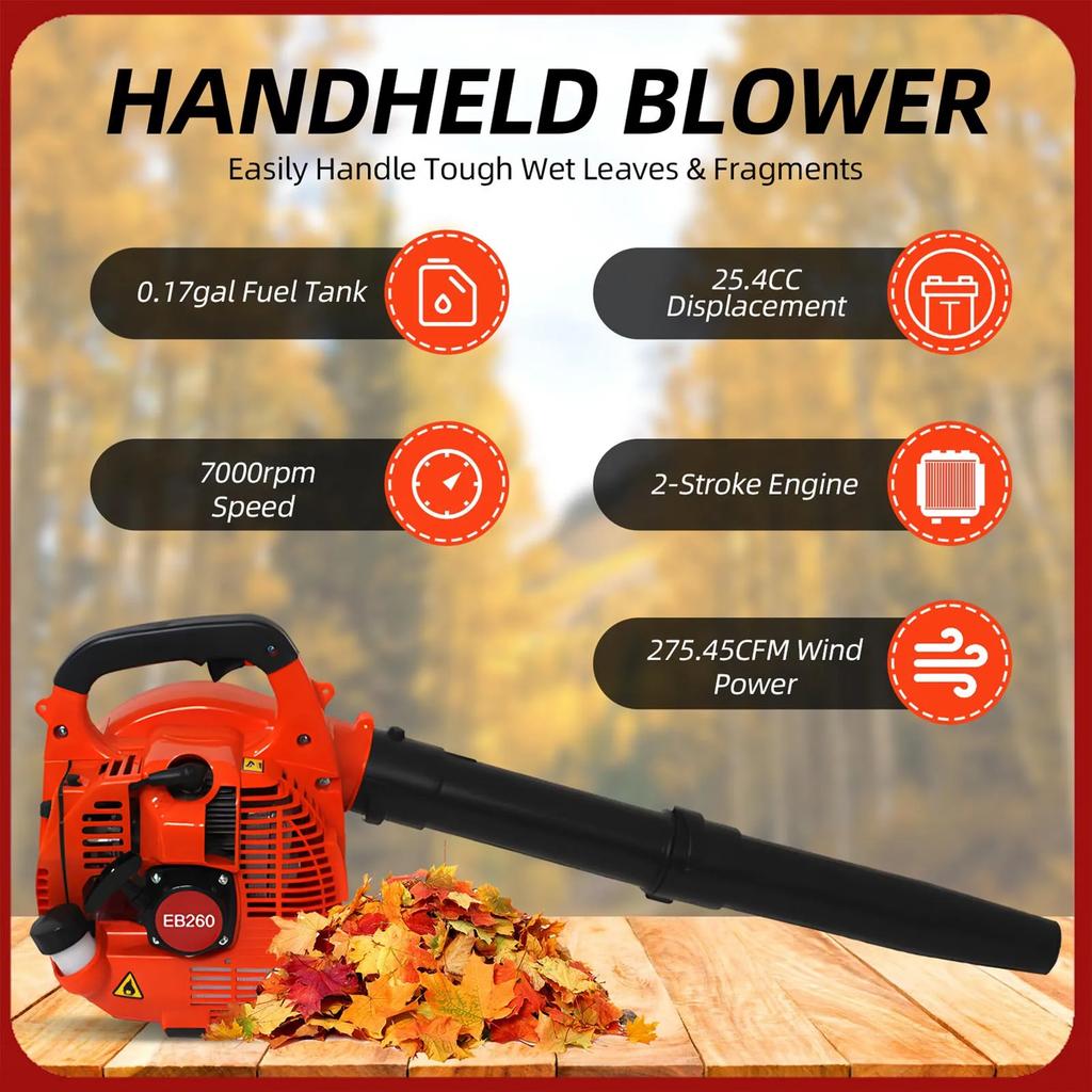 Handheld Blower Powerful Wind Snow Blower Gas Powered Leaf Blower for Lawn Care 2 Stroke Engine 25.4CC 275.45CFM Air Volume