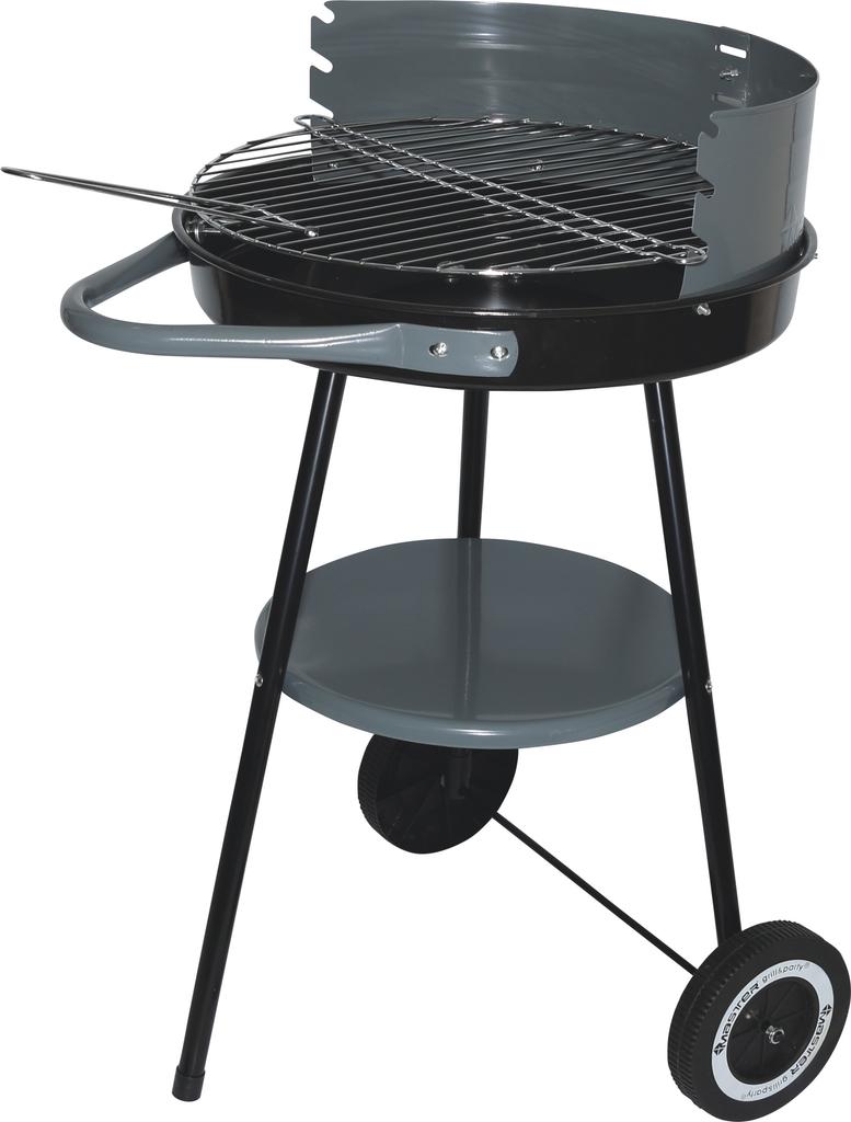 Round charcoal garden grill with a wheeled shelf