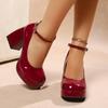 2025 Summer Fashion Ankle Strap Thick Sole High Heels  Round Toe Mary Jane Shoes New Women's Casual Wedding Bride Red High Heels