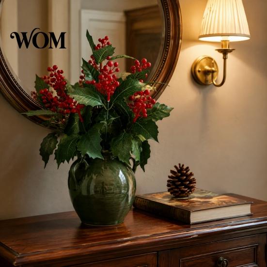 Maintenance Free Artificial Plant Decor Poinsettia Flowers, Christmas Red Bouquet with Berries, Faux Silk Vibrant Bunch for Home Floral Stems