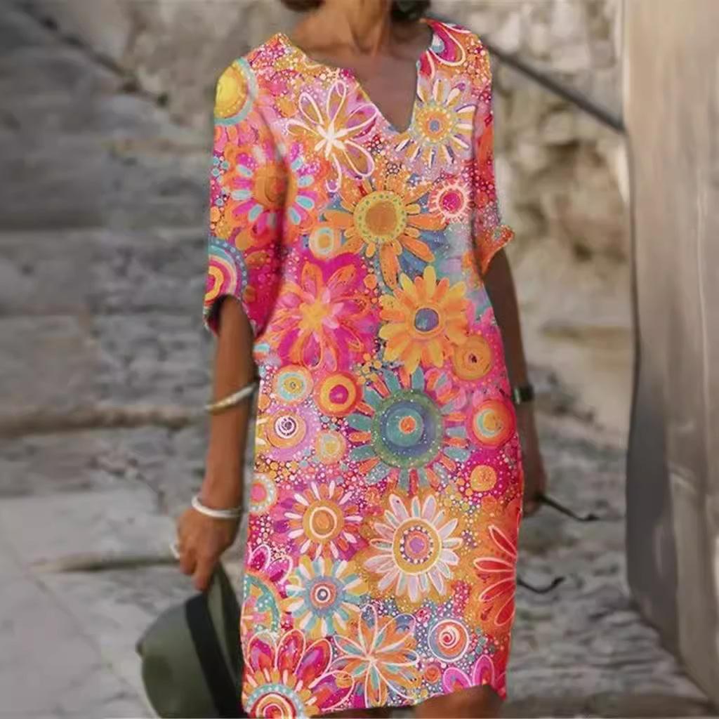 Женские платья с цветочным принтом и V-образным вырезом — модные, разноцветные, с короткими рукавами на лето