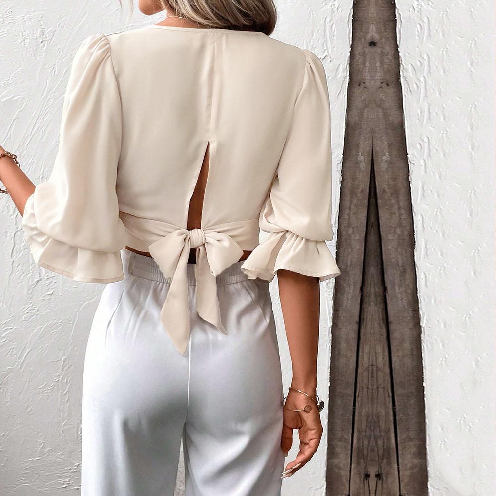 JKAASHDK Женские модные повседневные однотонные блузки и рубашки с v-образным вырезом, весна-лето с рукавами 1/2 и v-образным вырезом