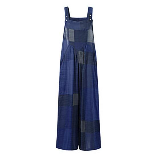 Sleeveless Square Collar Jumpsuit Pockets Wide Leg Ankle Length Retro Plaid Pattern Suspender Playsuit Streetwear