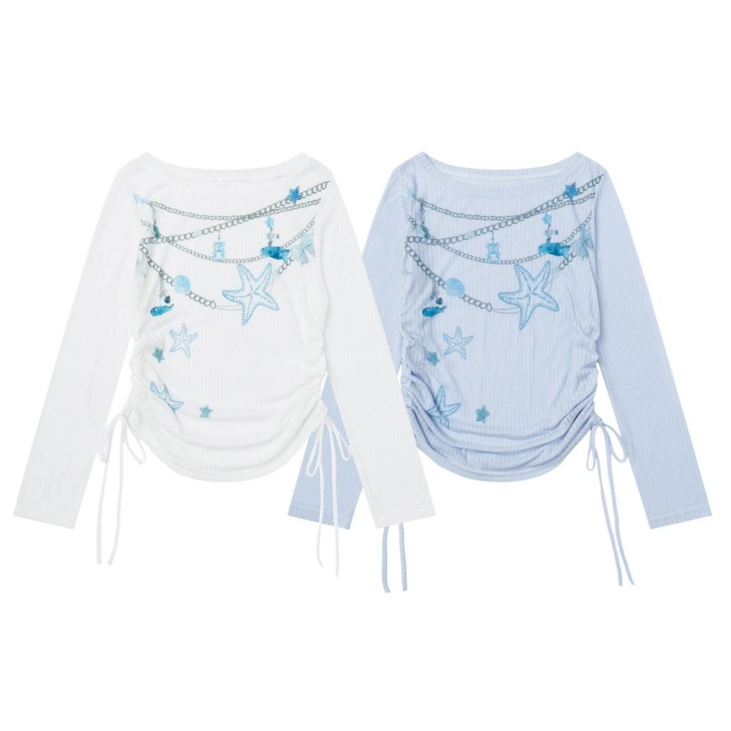 Y2k Women T Shirts Print Long Sleeve Tees Ropa Mujer Off Shoulder Drawstring Tunic Tshirt Sexy T-shirts