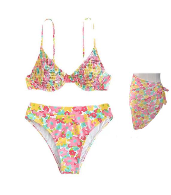 Swimsuit women's 1011 new color printing pleated bikini steel tray small chest gathering split ins hot spring vacation