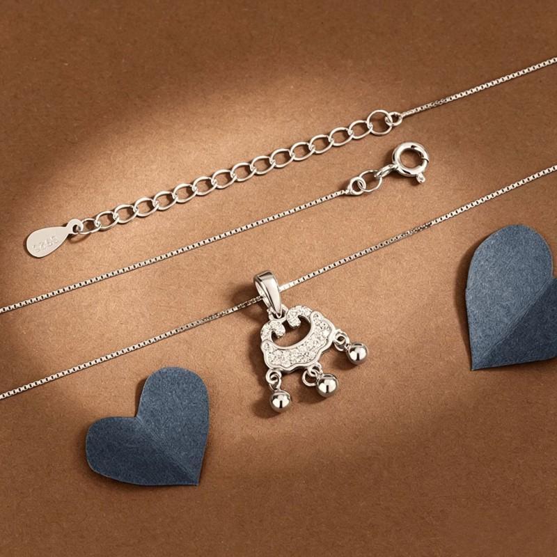 Womens Full Zircon Inlaid Safety Lock Necklace Light Luxury High-end Style Auspicious Cloud Bell Ruyi Longevity Jewelry