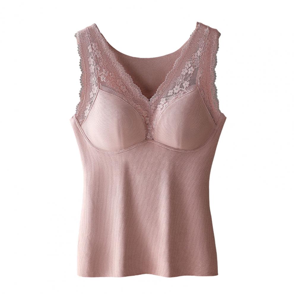 Winter Women Thermal Vest with Chest Pads Seamless Lace Fast Temperature Lock V Neck Slim Fit Elastic Sleeveless Inner Wear Bott