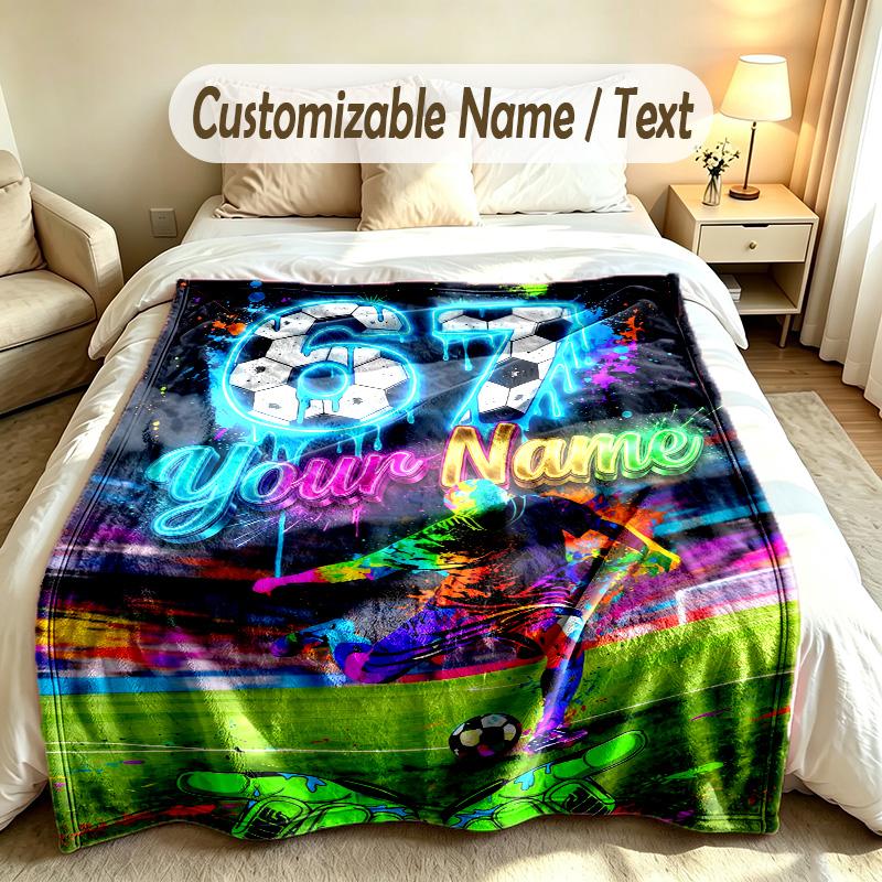 Soccer Theme Custom Blanket Personalized Name & Text Customized Soft Warm Throw Blanket Home Decor