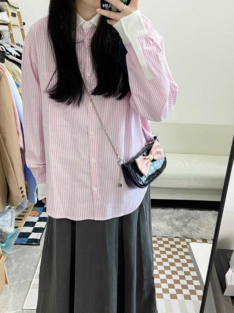 Salt-Toned Color Block Striped Long Sleeve Shirt for Women – Korean Style, Slimming, Versatile, Loose Fit for Autumn and Summer.