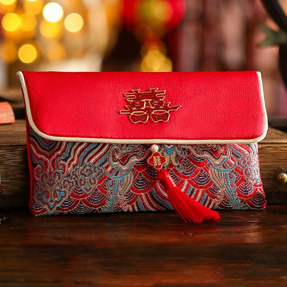 Chinese New Year PU Lucky Red Pockets Button Blessing Words Tassel Red Envelop PU Leather Spring Festival Wedding Money Bag