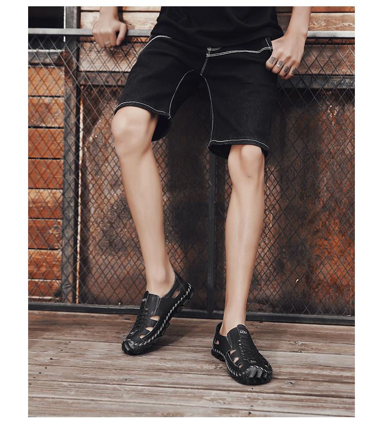 2025 Summer Casual Shoes Men Hollow Breathable Handmade Leather Sandals Designer Shoes Male Solid Color Daily Shoes Man