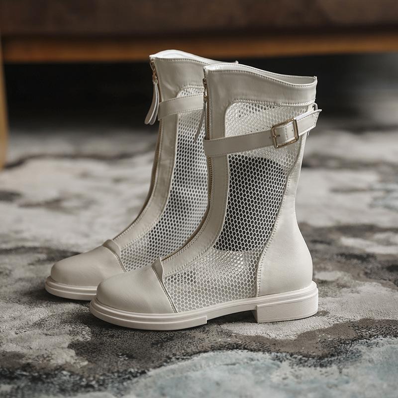 Женские сандалии на плоской подошве до середины икры с пряжкой на ремешке, женская модная дышащая обувь Botas De Mujer