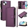 For iPhone 15 Leather Case 9 Card Slots Zipper Wallet Stand Phone Cover with Wrist Strap