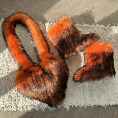 Женские зимние пушистые полусапожки из искусственного меха лисы в комплекте с сумками в виде сердца, плюшевые зимние сапоги, роскошная обувь, плюшевые ботиночки для девочек