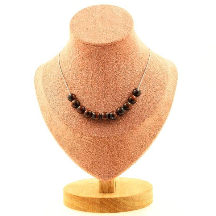 Stones and Minerals. Necklace 10 Red Tiger Eye Beads 8 Mm. Stainless Steel Chain Necklace Women Men. Custom Size