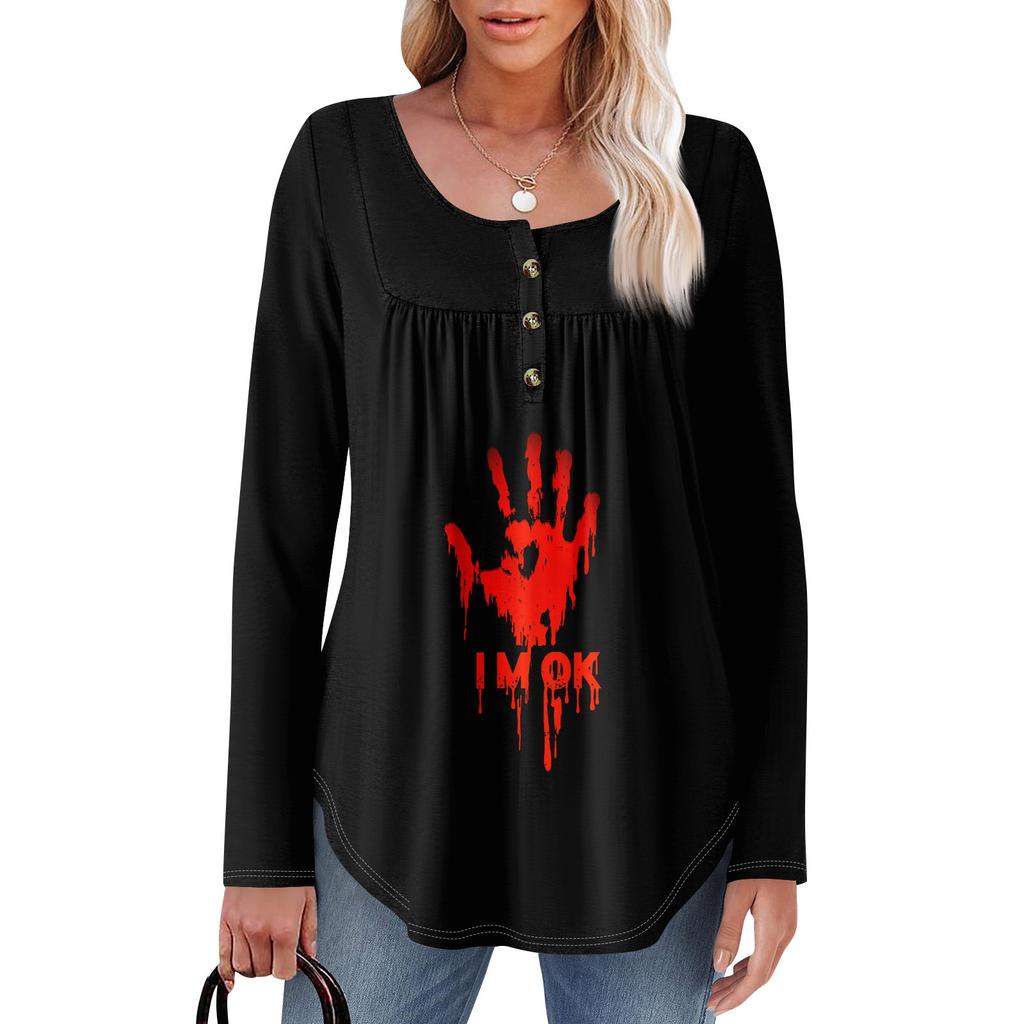 Женская туника с длинным рукавом, свободные топы, повседневные топы оверсайз, плиссированная туника, застегивающаяся на пуговицы, повседневные женские топы с принтом