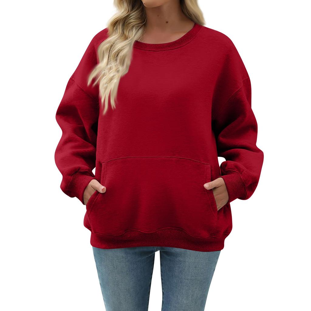 Women's Casual Fashion Long Sleeve Solid Color Round Neck Sweatshirt Top With Pocket