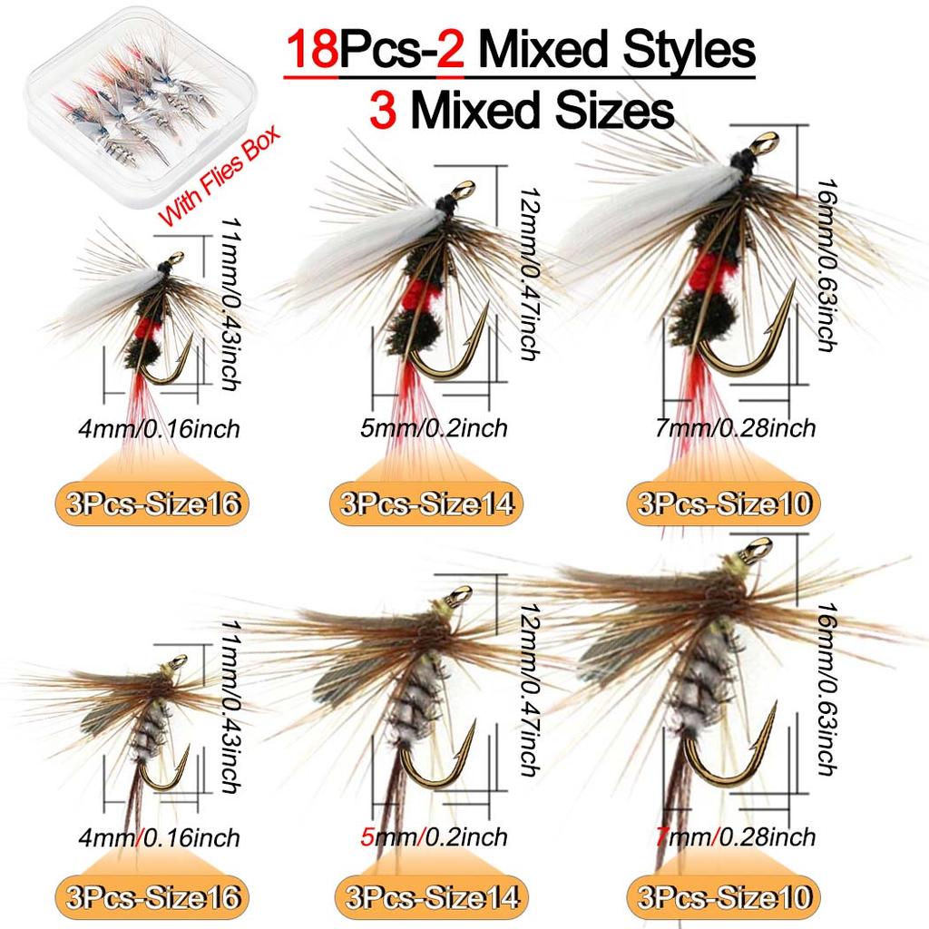 18Pcs-2Mixed Styles Fishing Artificial Insect Bait, Dry Flies-With Flies Box, for Fly Fishing Trout Royal WulffFly&Mosquito Mayfly Lure 3Mixed Sizes
