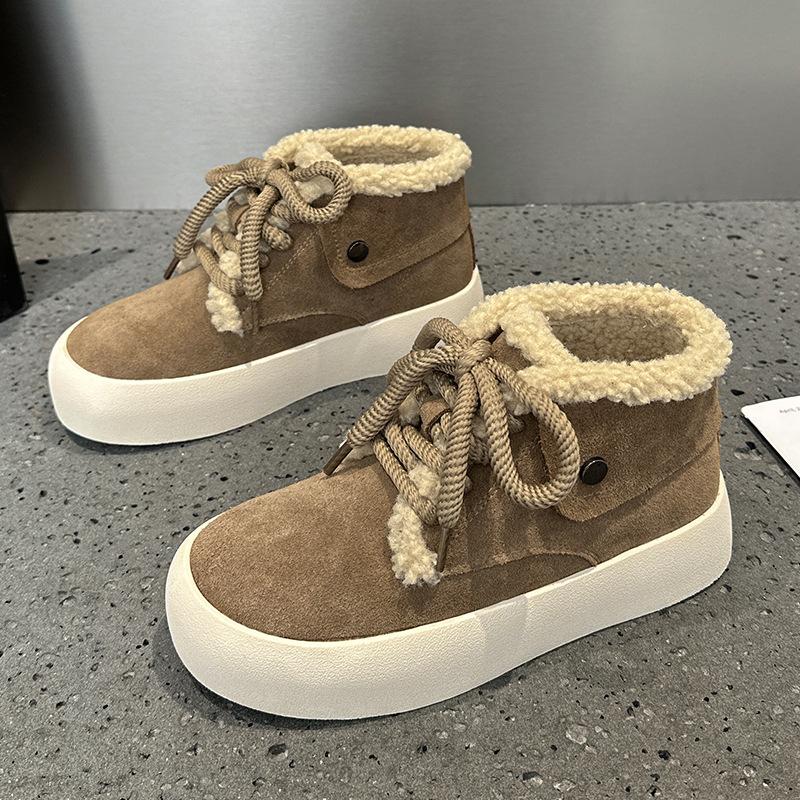 Добавить флисовые теплые шерстяные туфли женские 2024 зимние новые ретро матовые толстые подошвы модные все повседневные хлопковые туфли на шнуровке