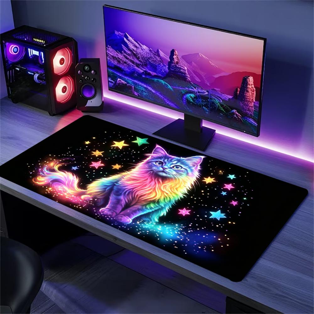 Neon Cosmic Cat Large Extended Gaming Mouse Pad Non Slip Desk Surface Glitter Starry Animal Print For Gaming And Office Setup