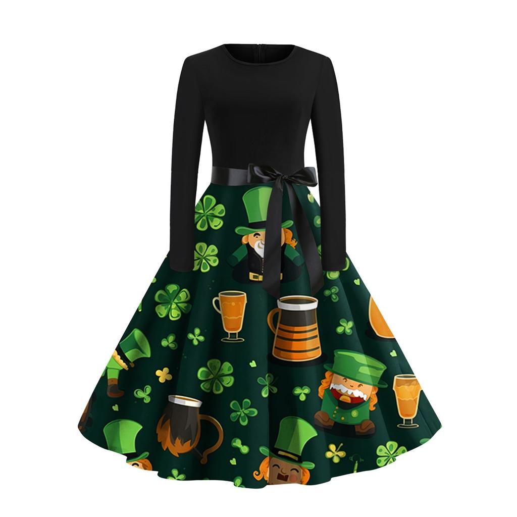 Women's Vintage Classic Dress Long Sleeve Valentine's Day Print Round Neck Swing Dress