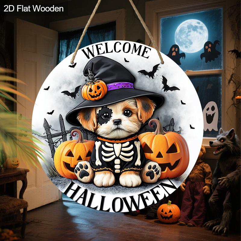 Halloween Wooden Welcome Sign with Dog & Pumpkin Pattern - Charming Figurine Ornaments - Ideal for Front Door, Wall, Room Decor