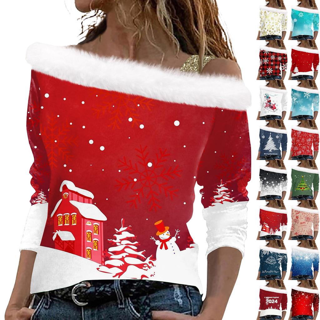 Женский повседневный свободный топ с длинными рукавами и рождественским принтом из плюша