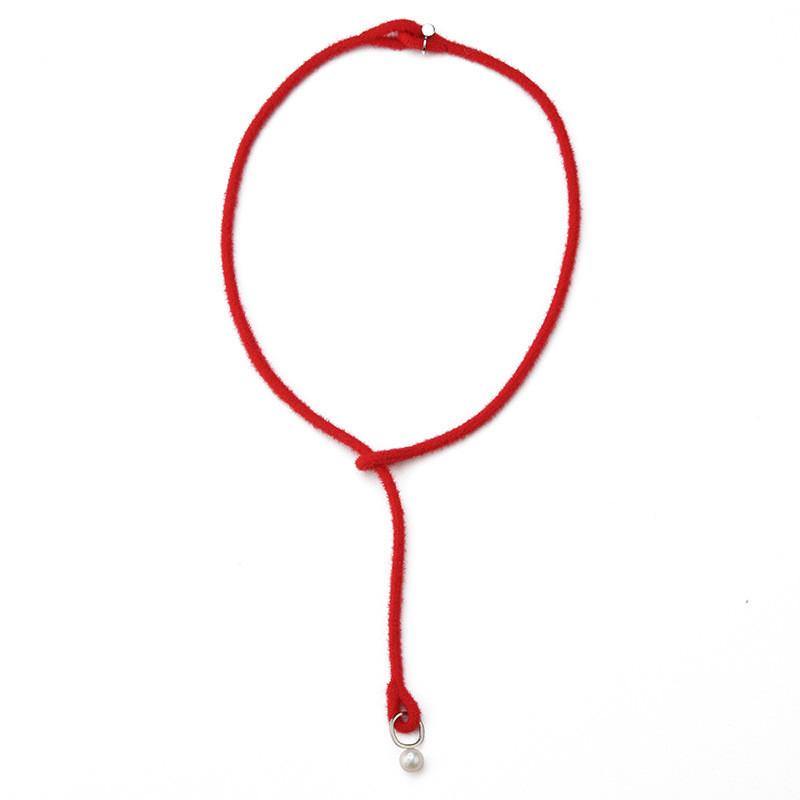 Handmade Pearl Pendant Necklace Elegant Red String Long Geometric Design For Women