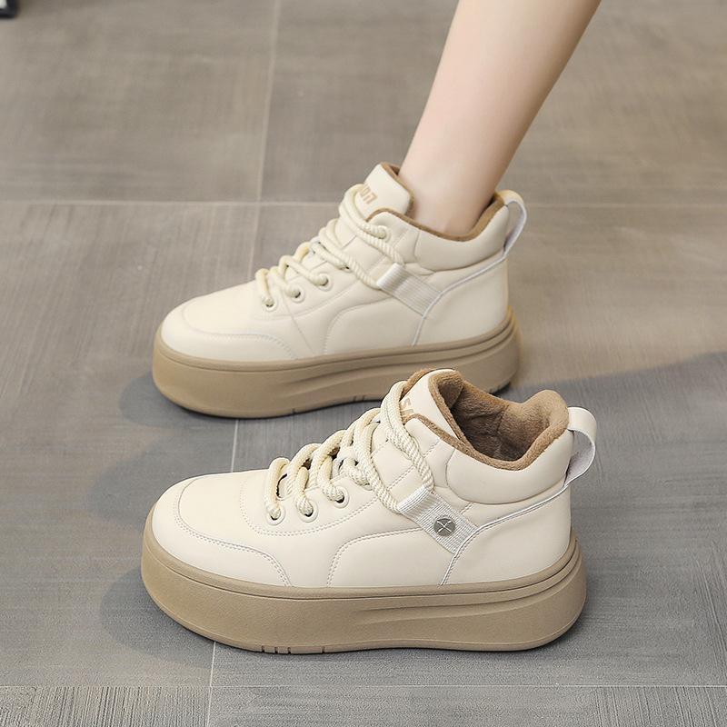 Fashion Women's High Top Vulcanized Shoes Autumn Winter Lace Up Soft Leather Plus Velvet Warm Cotton Shoes Thick Sole Leisure Sneakers
