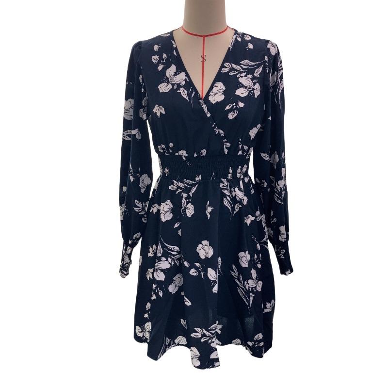 Autumn/winter Elegant Women's Floral Print V-neck Lantern Sleeve Dress