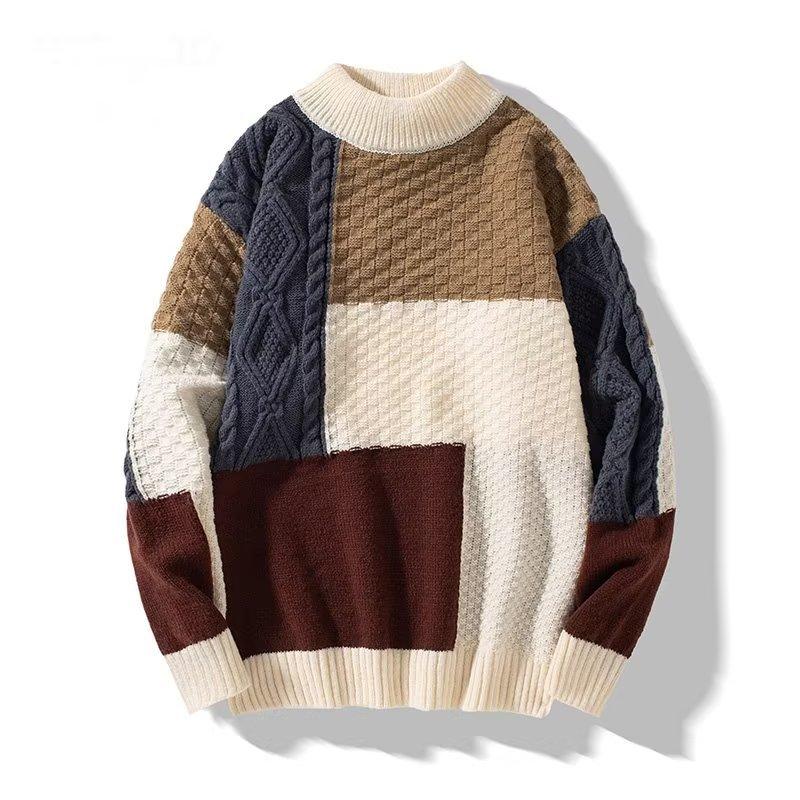 Модные универсальные лоскутные свитера, джемперы, мужские зимние повседневные свободные шерстяные теплые вязаные пуловеры с высоким воротником, топ