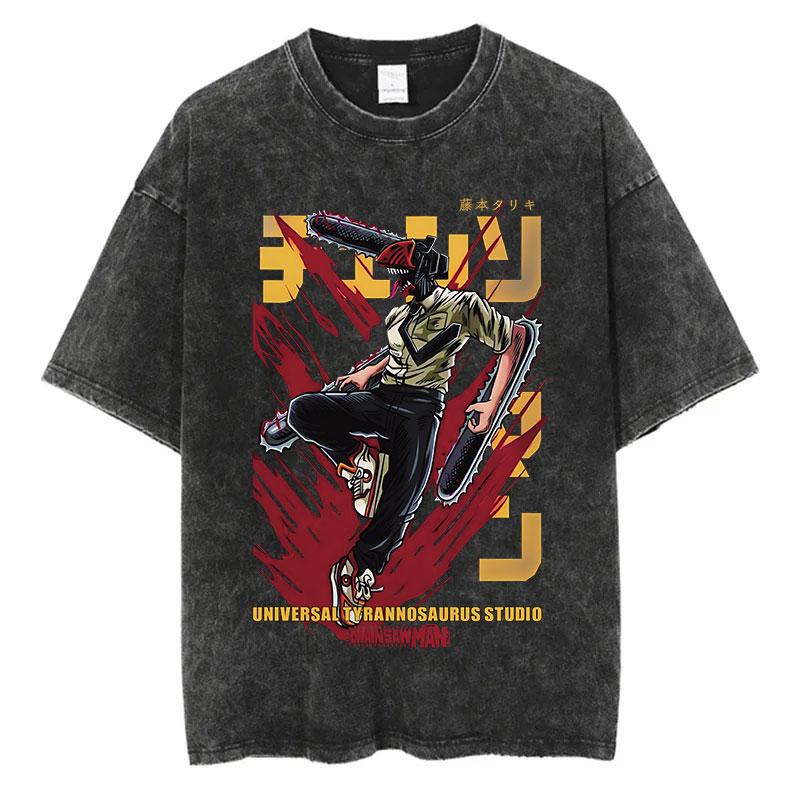 Anime Chainsaw Man Power Funny Print T Shirt Men Women Y2k T-shirts Washed Cotton Tee Harajuku Unisex Comfortable Tshirt